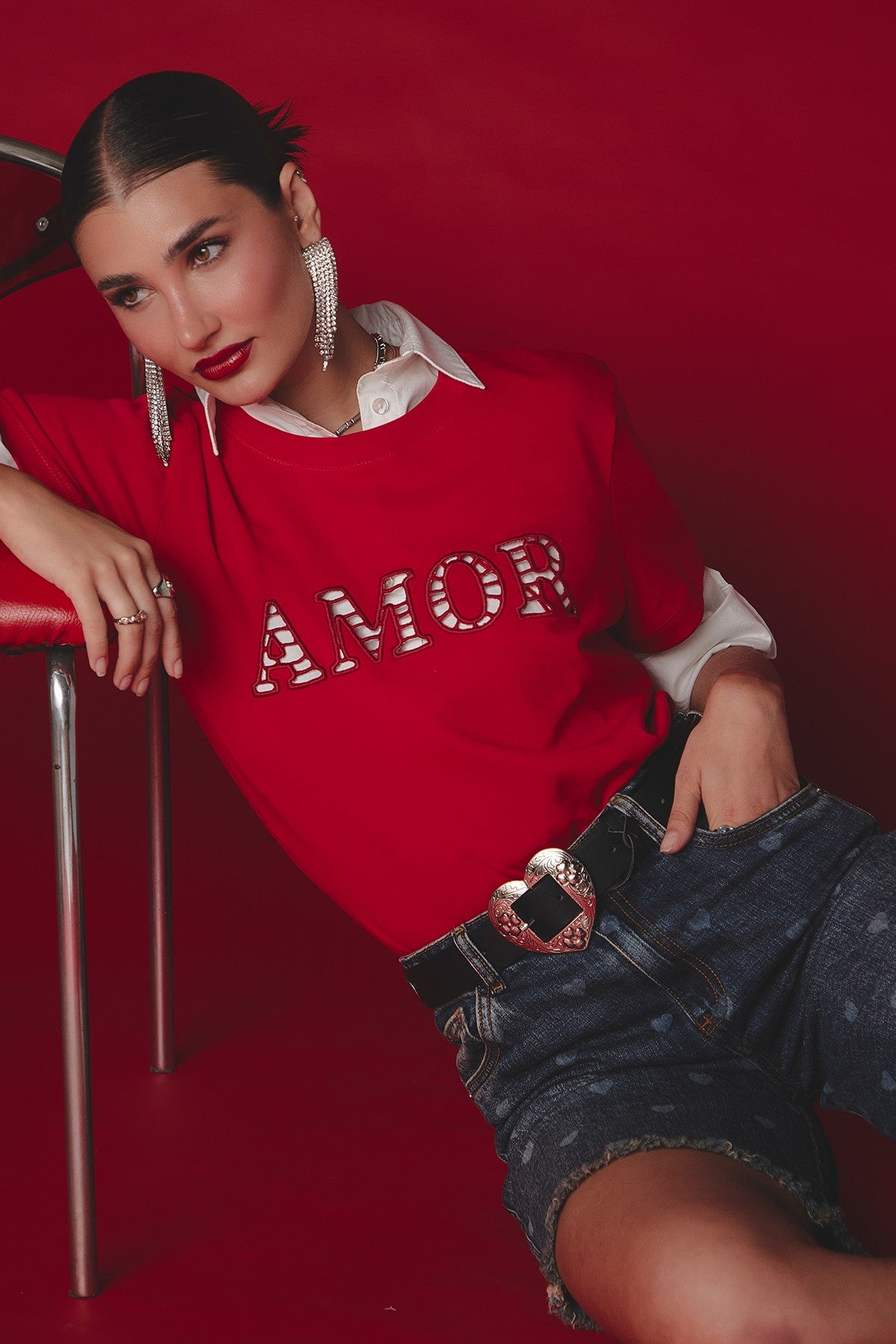 Camiseta roja estampada para mujer