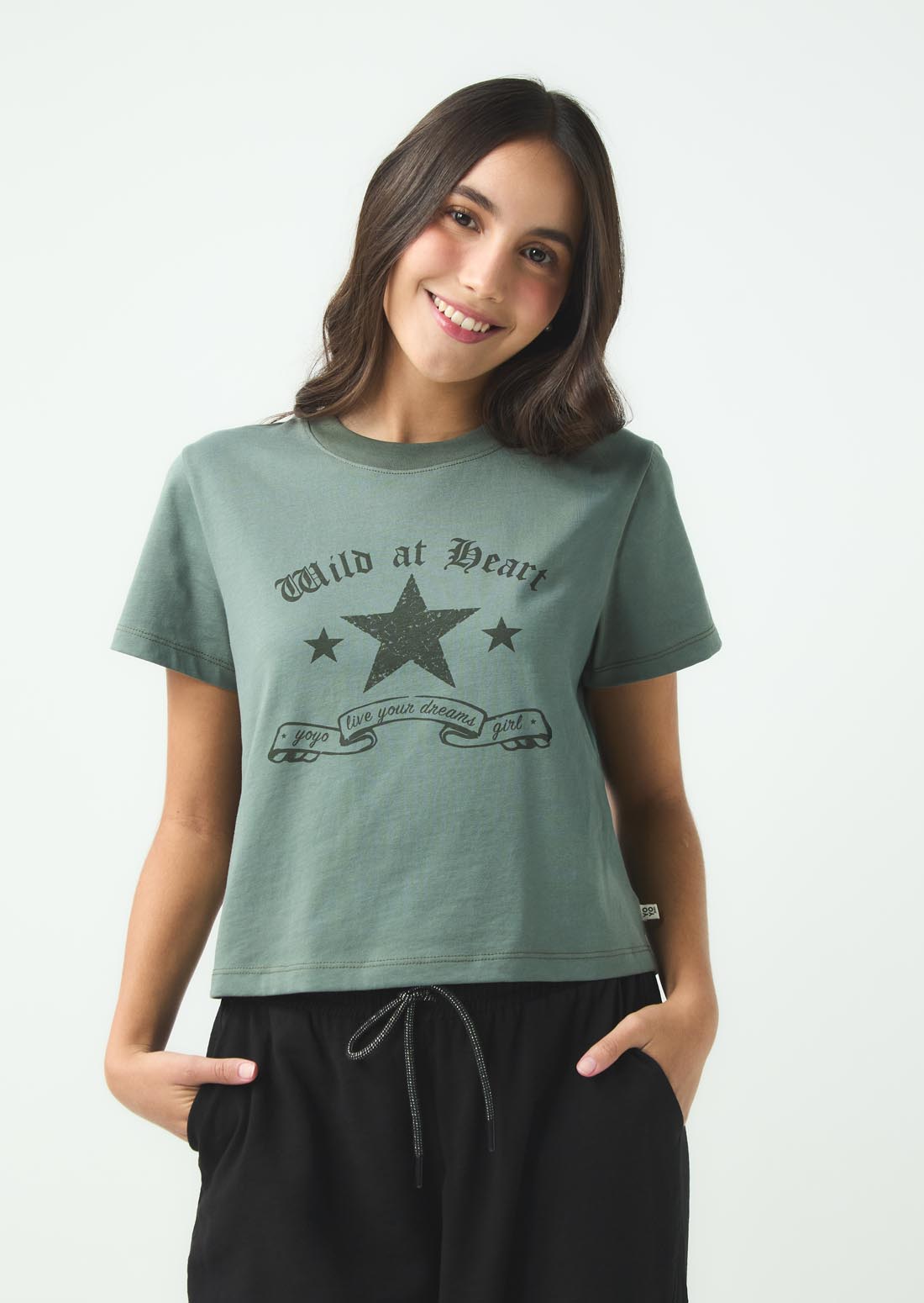 Camiseta verde medio con cuello redondo para jóvenes