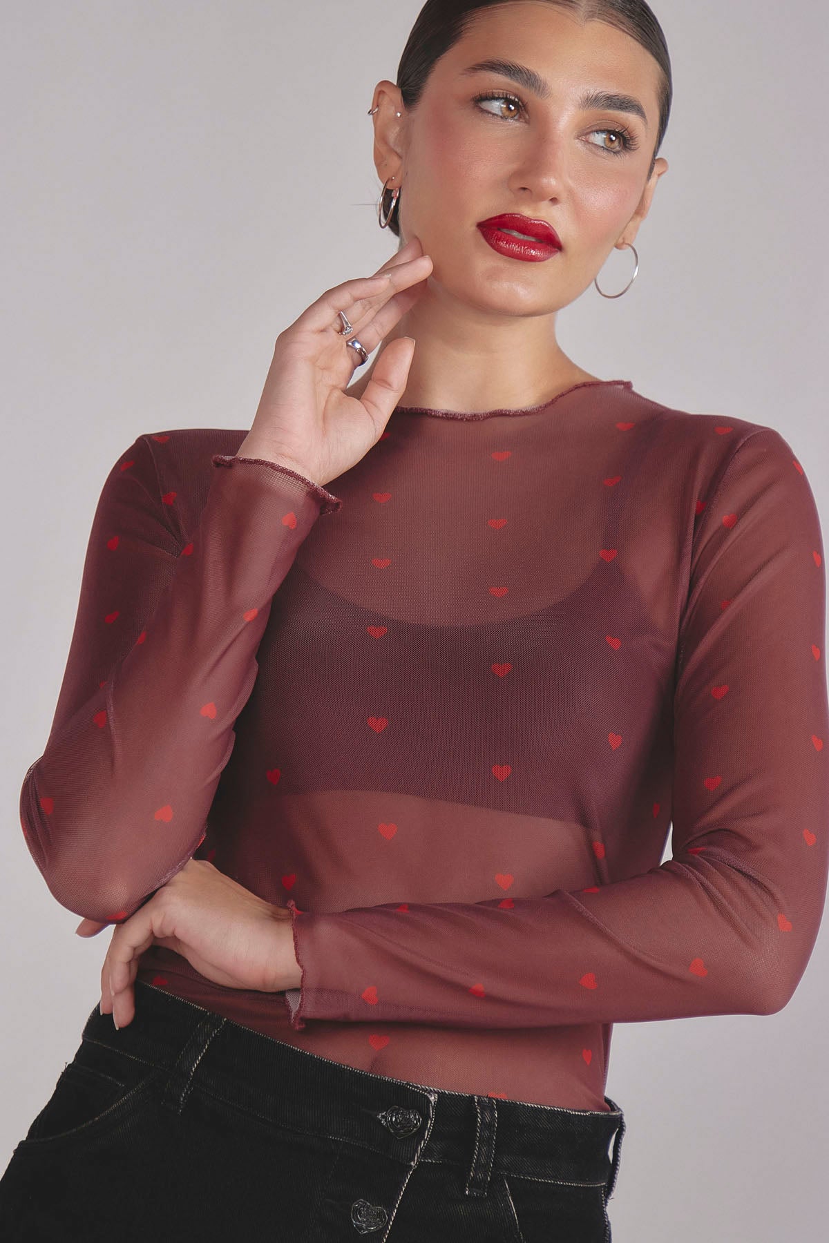 Top mesh vino tinto estampado para mujer