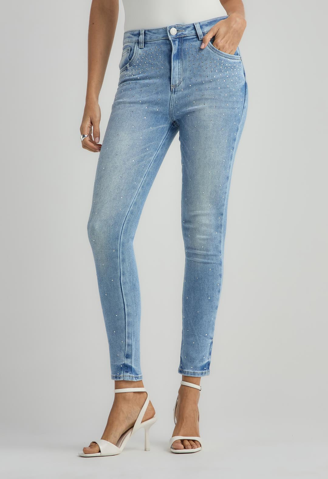 Jean vaquero medio con brillos para mujer