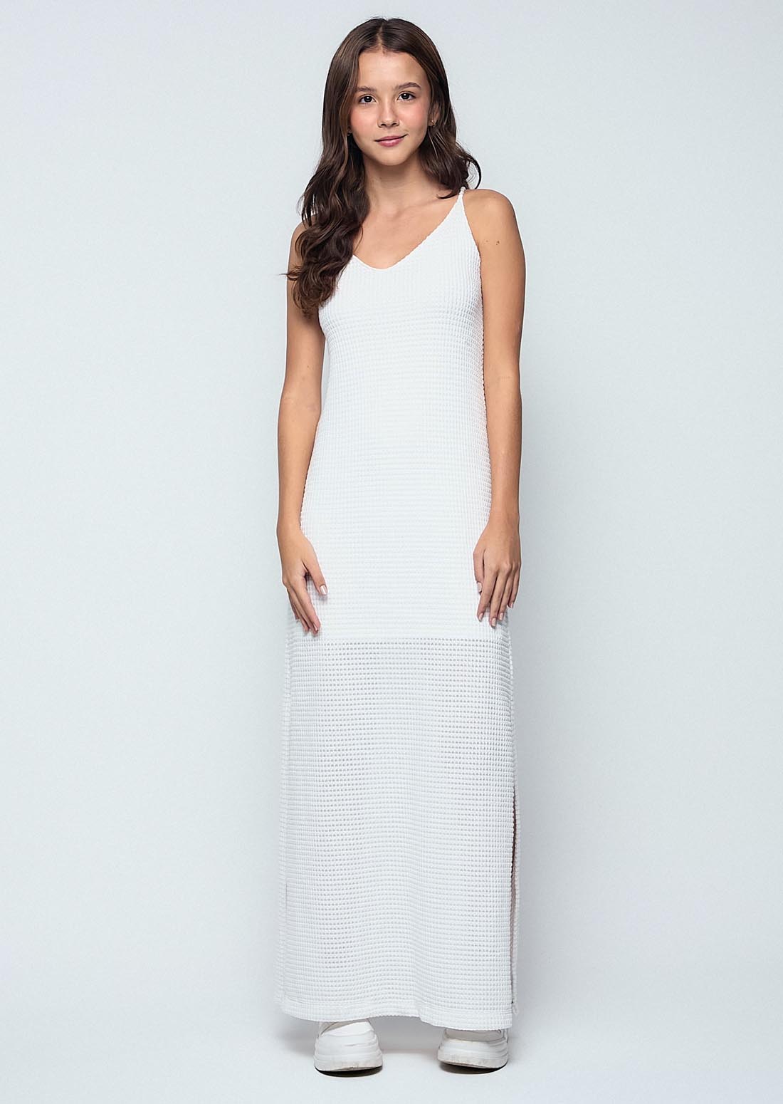 Vestido marfil tela con textura para jóvenes