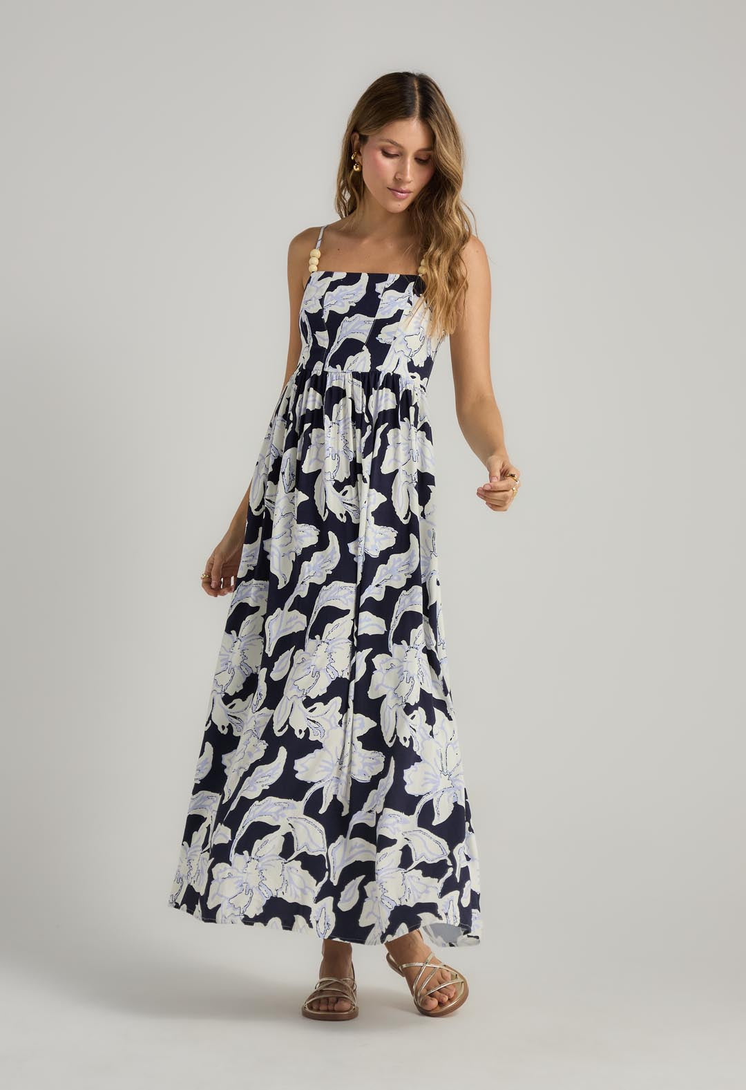 Vestido largo azul con estampado para mujer