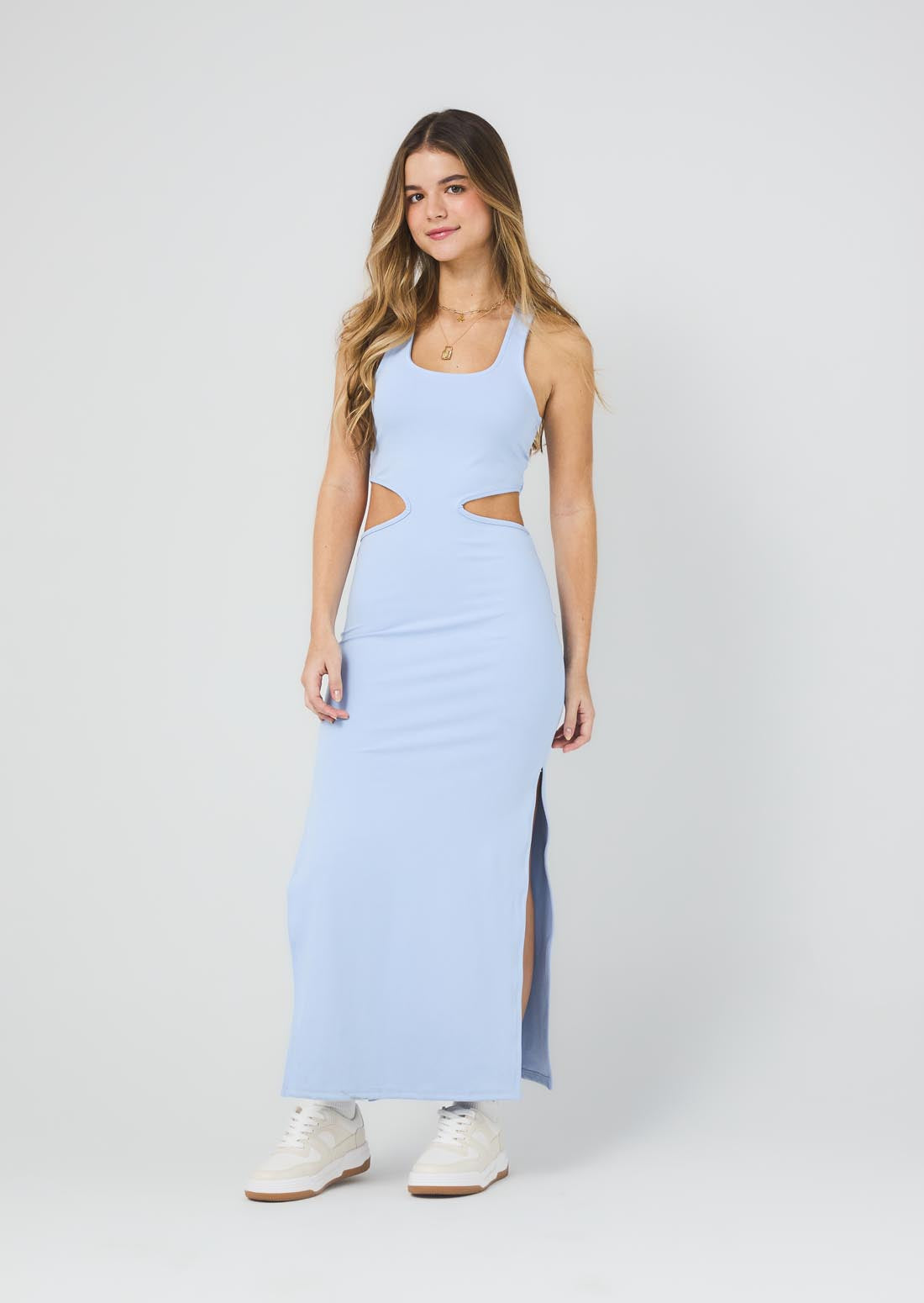 Vestido azul claro con aberturas en cintura para jóvenes