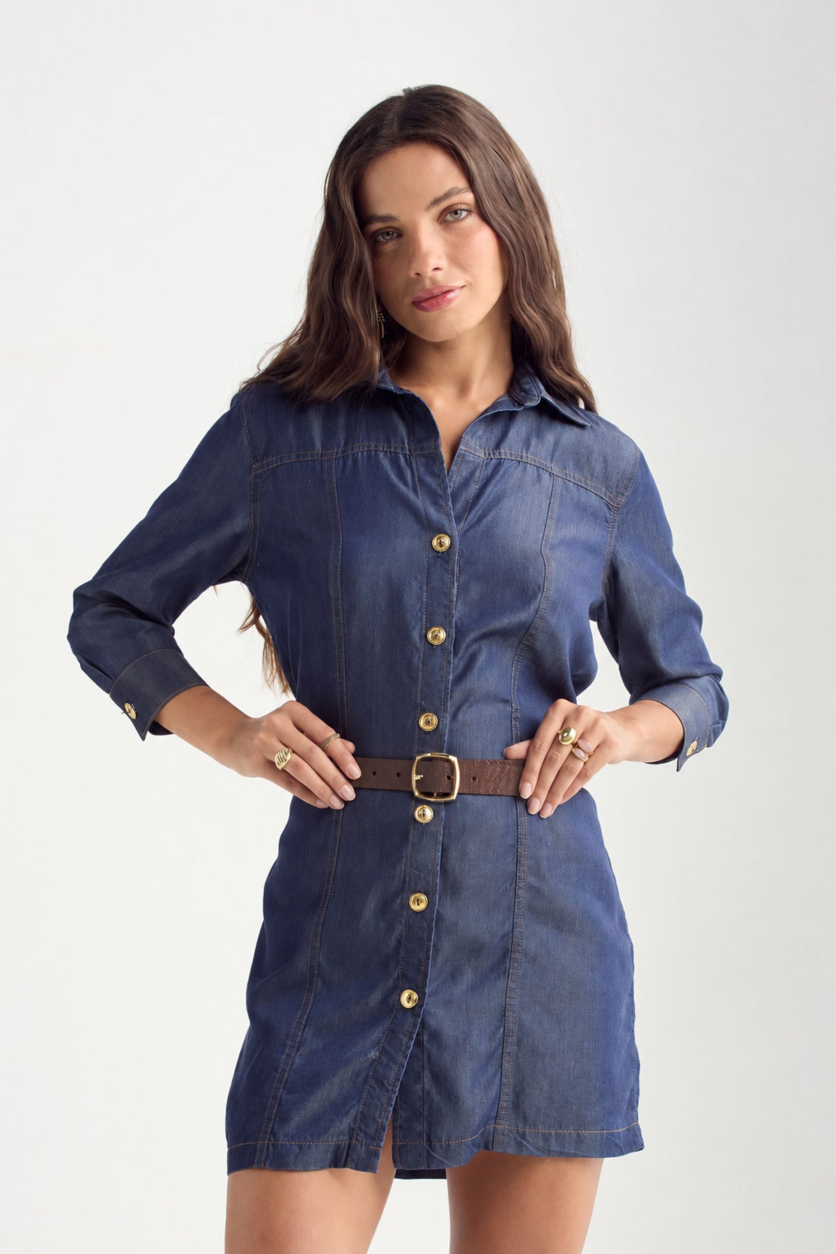 Vestido camisero azul oscuro de manga 3/4 para mujer