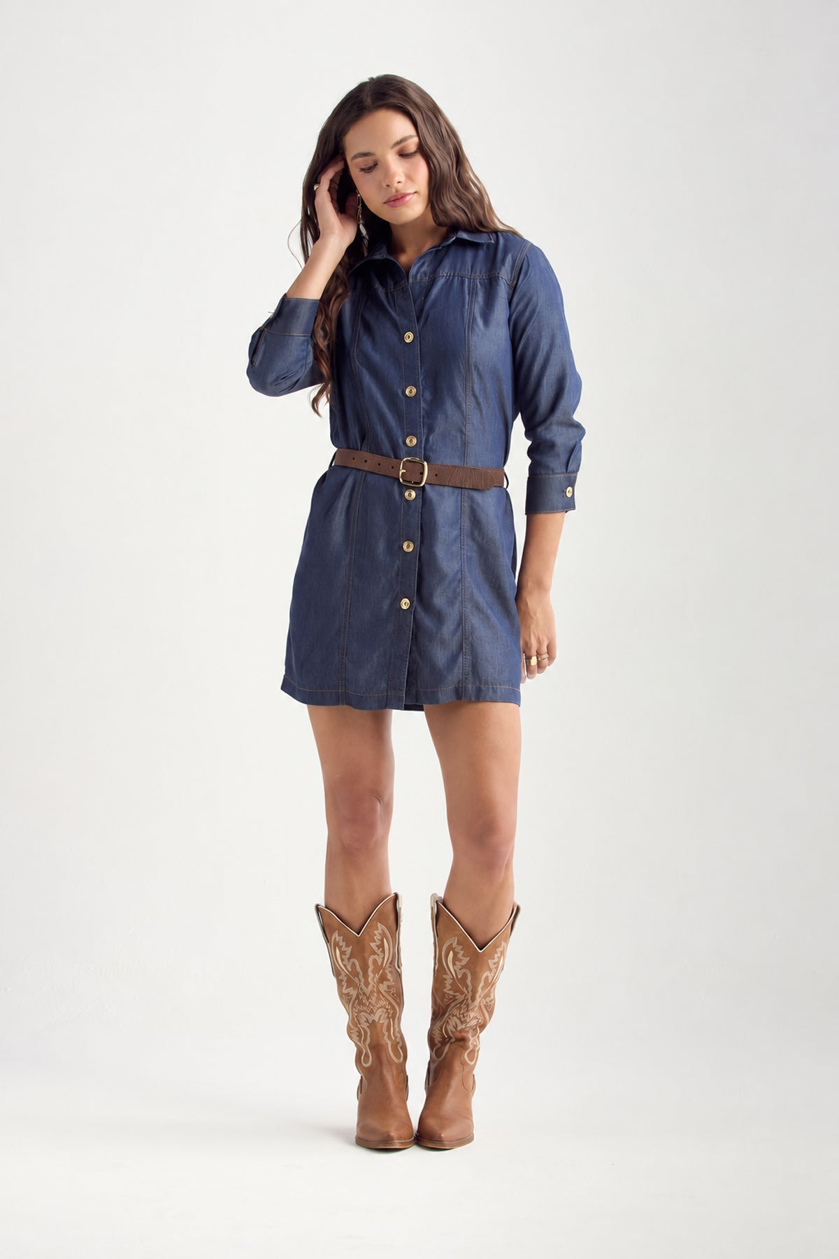 Vestido camisero azul oscuro de manga 3/4 para mujer