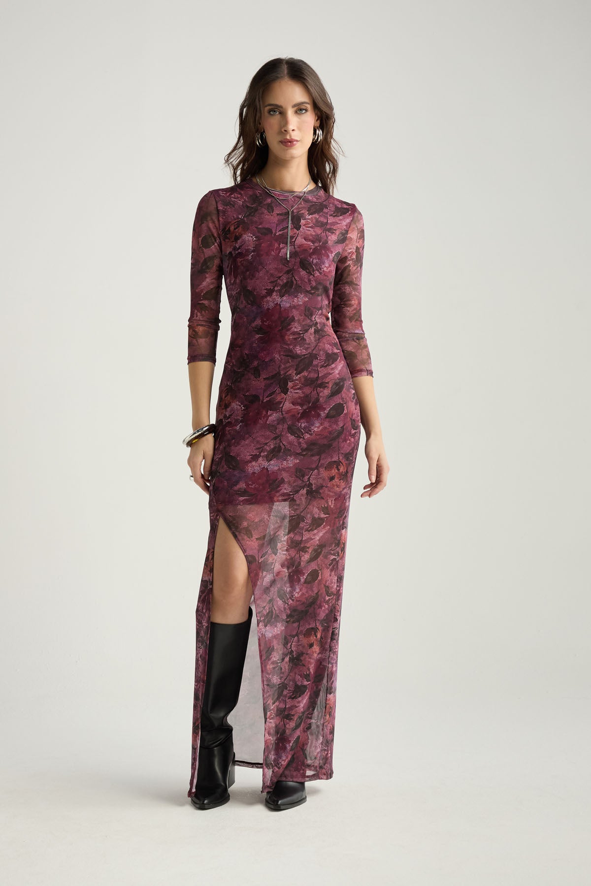 Vestido mesh largo vino tinto para mujer