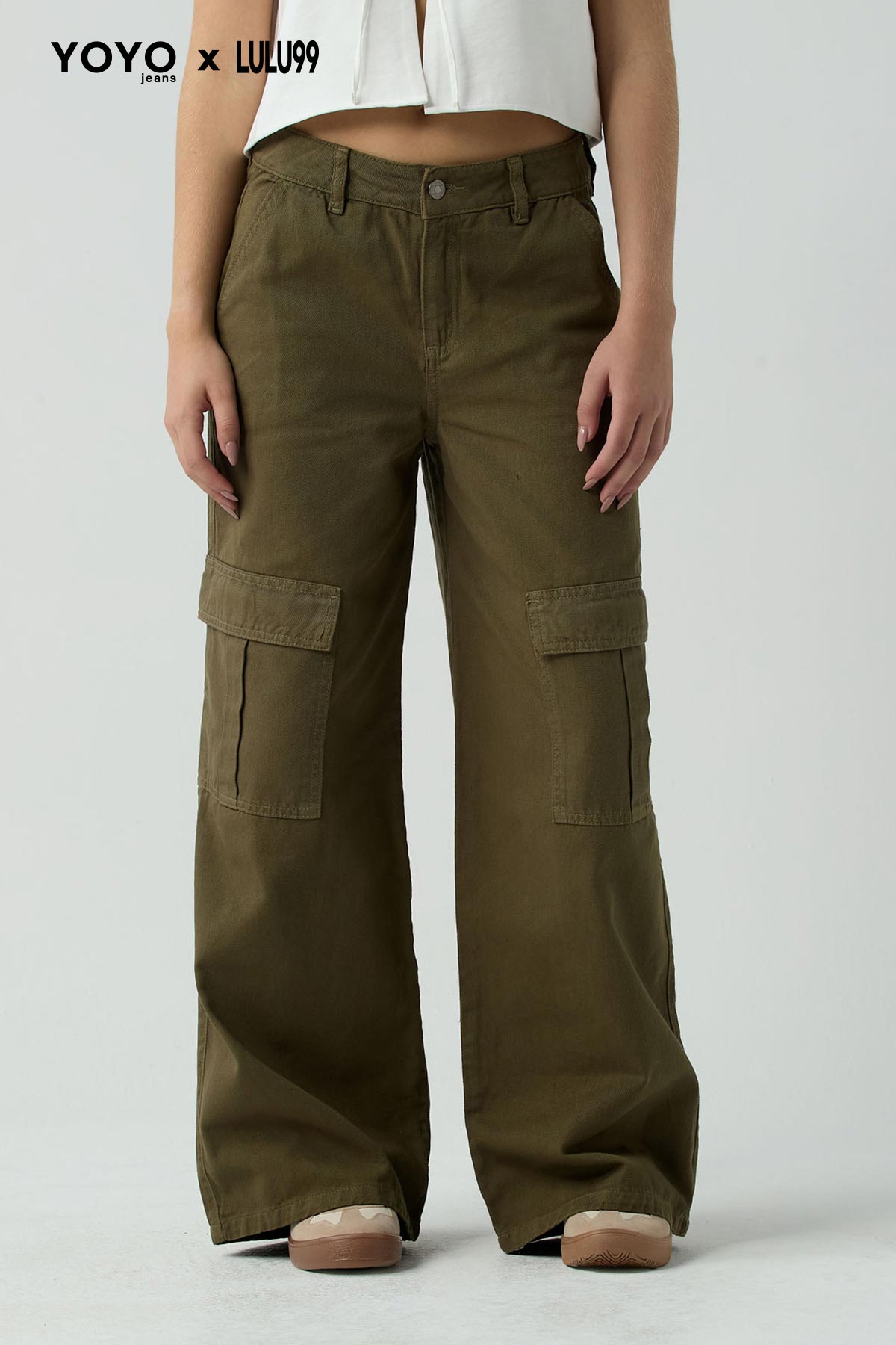 Pantalón cargo verde militar fondo entero para jóvenes