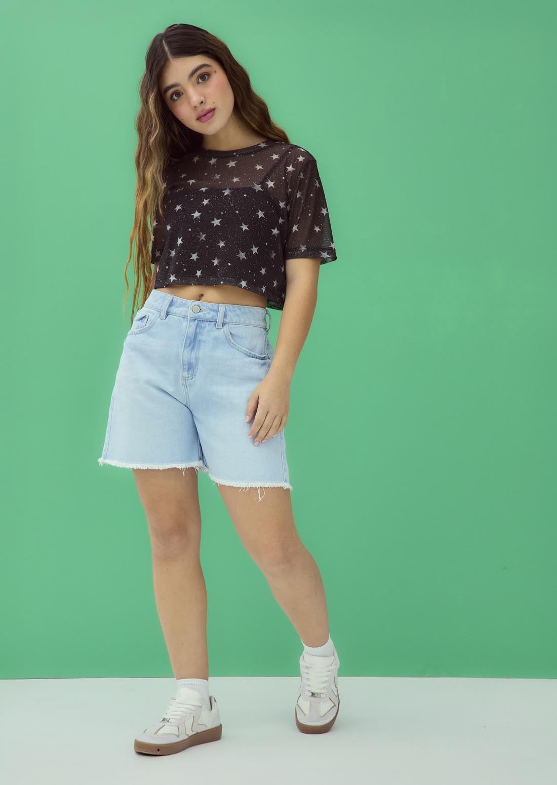 Bermuda lavado claro tiro alto para jóvenes