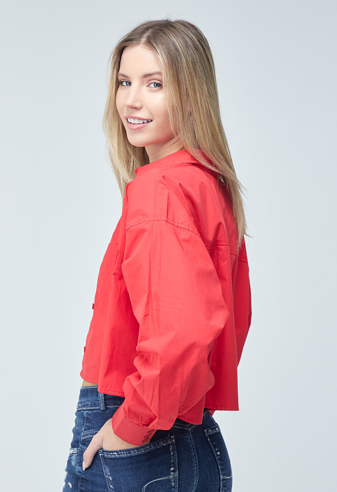 blusa rojo intenso mangas con volúmen para mujeres