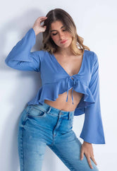Blusa azul hortensia con anudado en frente para mujeres