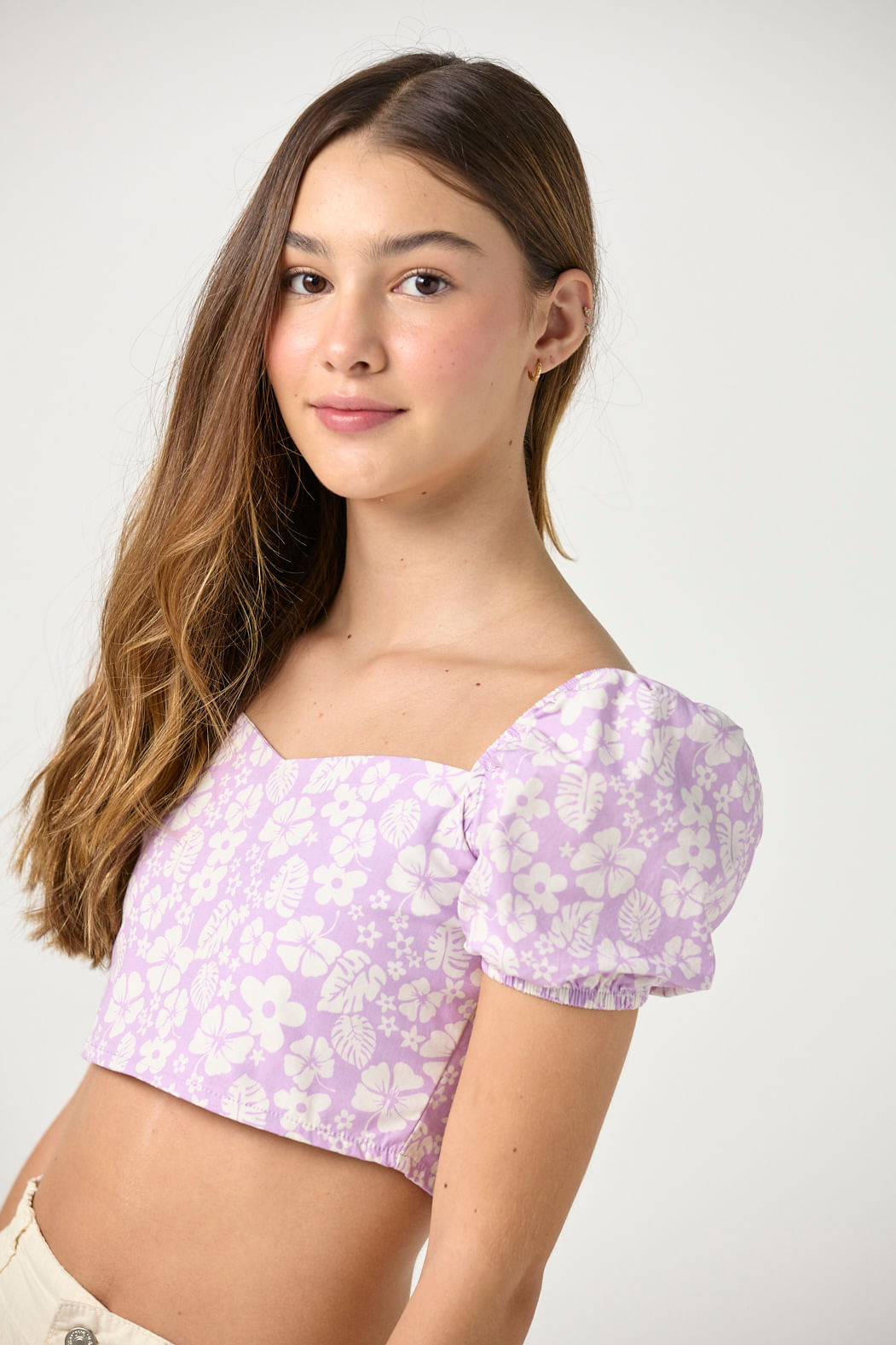 Blusa lila claro manga bombacha para adolescentes