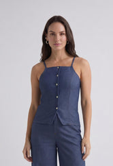 Blusa azul de tiras con botones para mujer