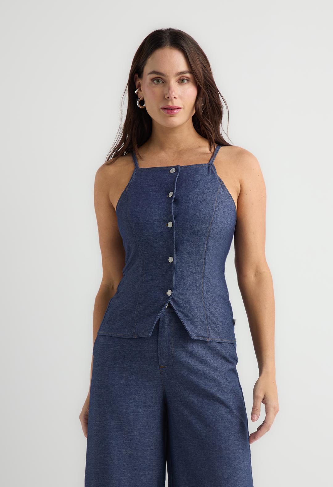 Blusa azul de tiras con botones para mujer