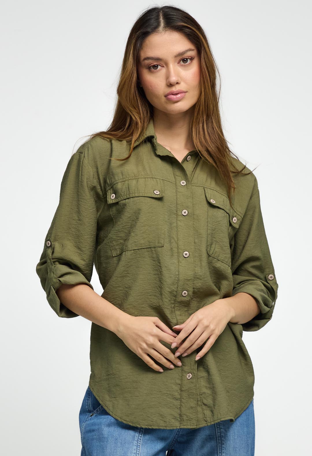 Blusa verde militar con charreteras para mujeres