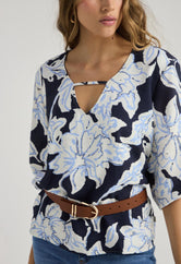 Camisa azul estampada con manga 3/4 para mujer