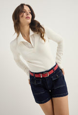 Blusa a rayas marfil con cuello falso para mujer