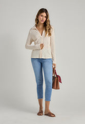 Blusa marfil cuello en tela con efecto para mujer