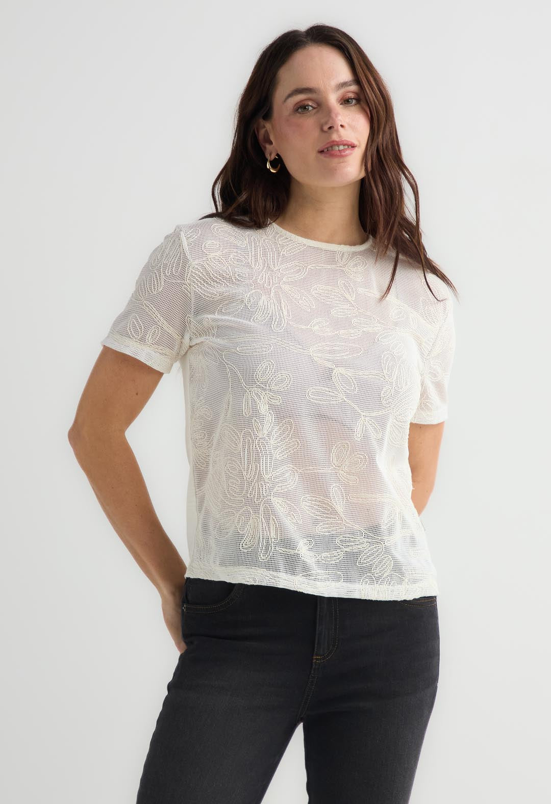 Blusa de manga corta marfil con textura para mujer