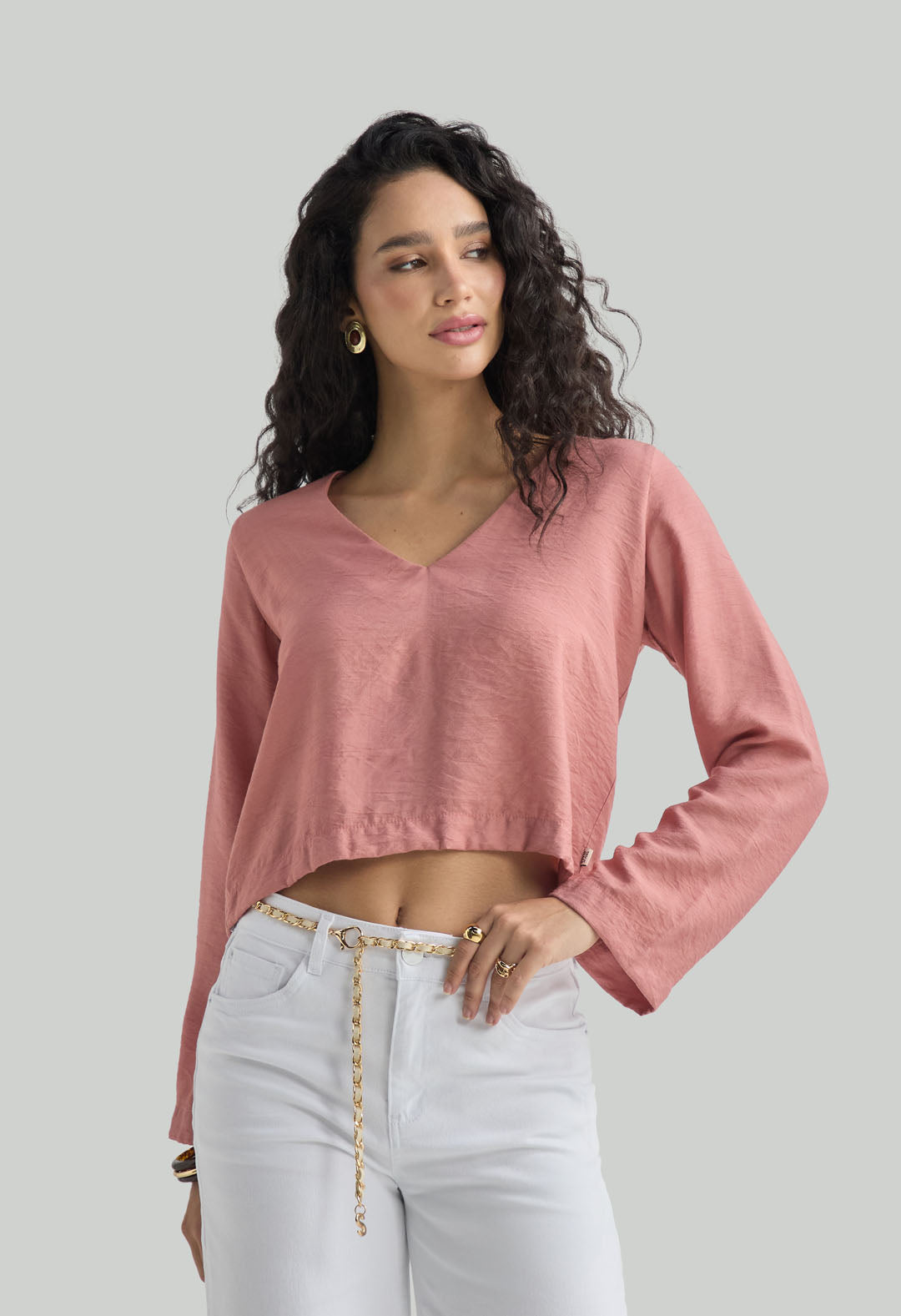 Blusa rosa rubor con cuello en v para mujer