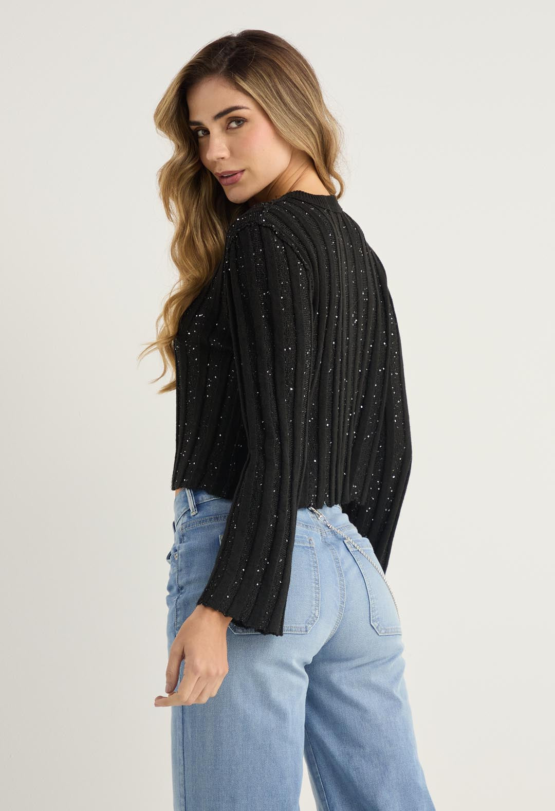 Buzo tejido negro con lentejuelas para mujer