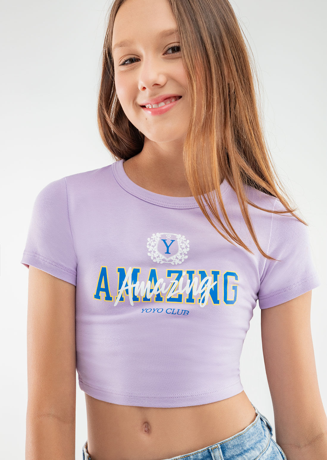 Camiseta lila claro, manga corta y estampada para jóvenes