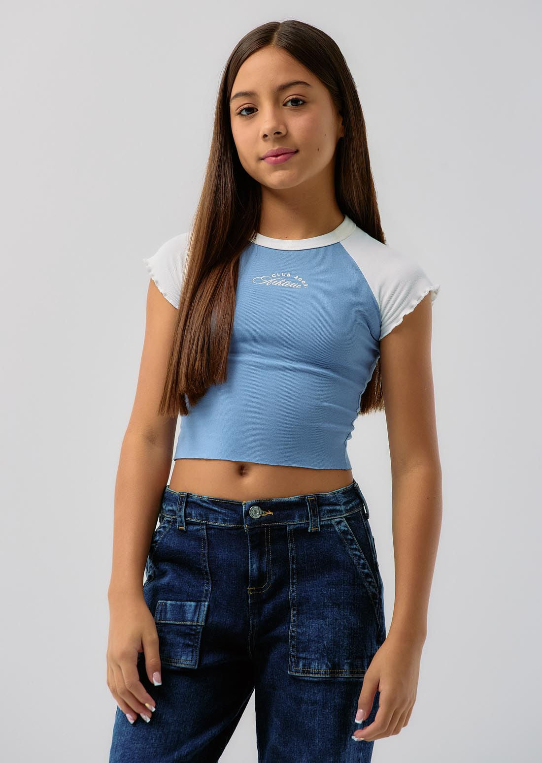 Camiseta azul hortensia estampada para niñas