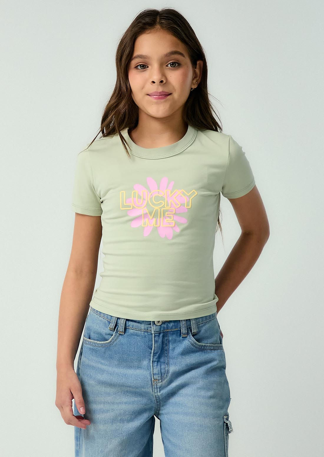 Camiseta menta frente estampado para niñas