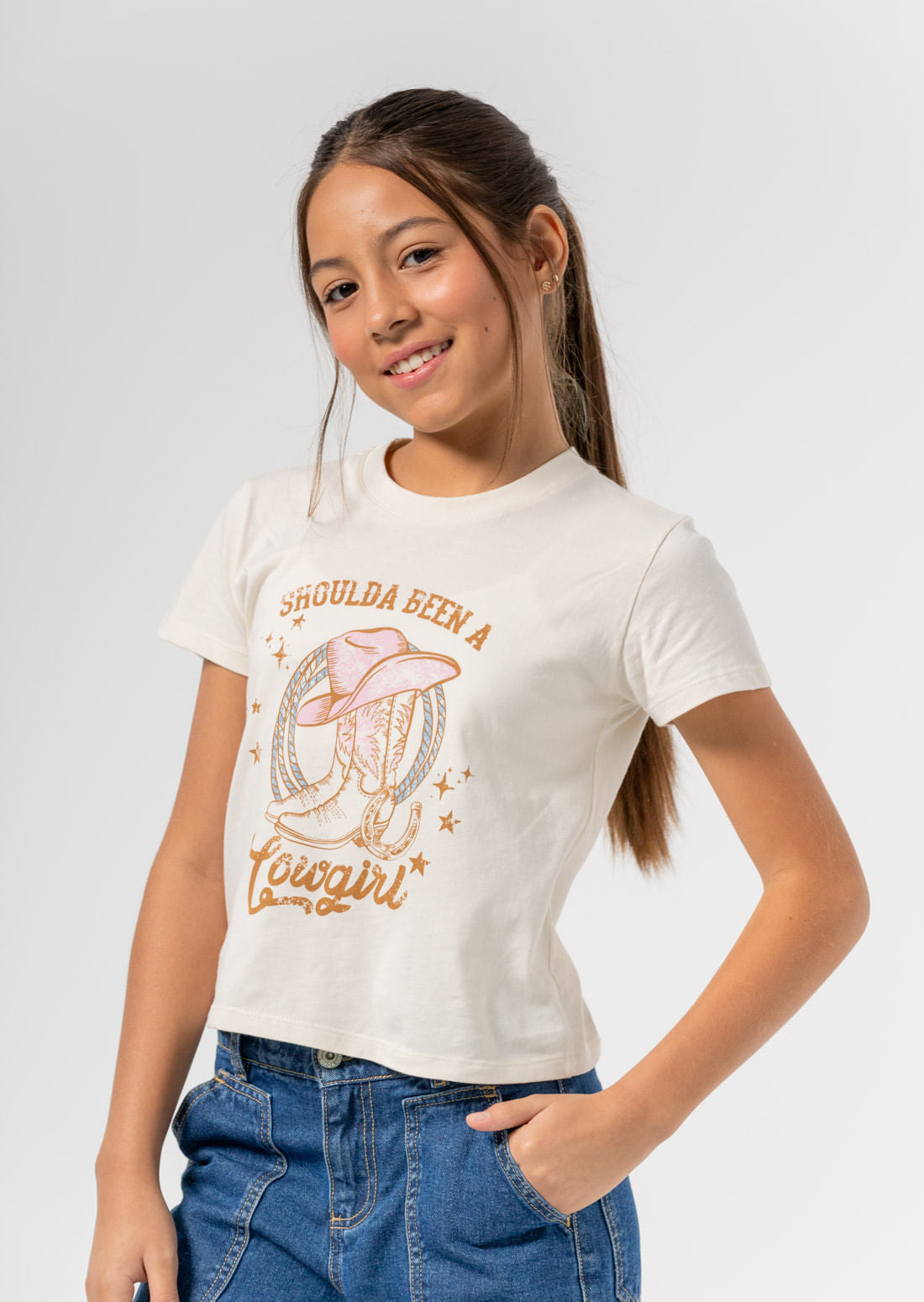 Camiseta marfil con frente estampado para niñas