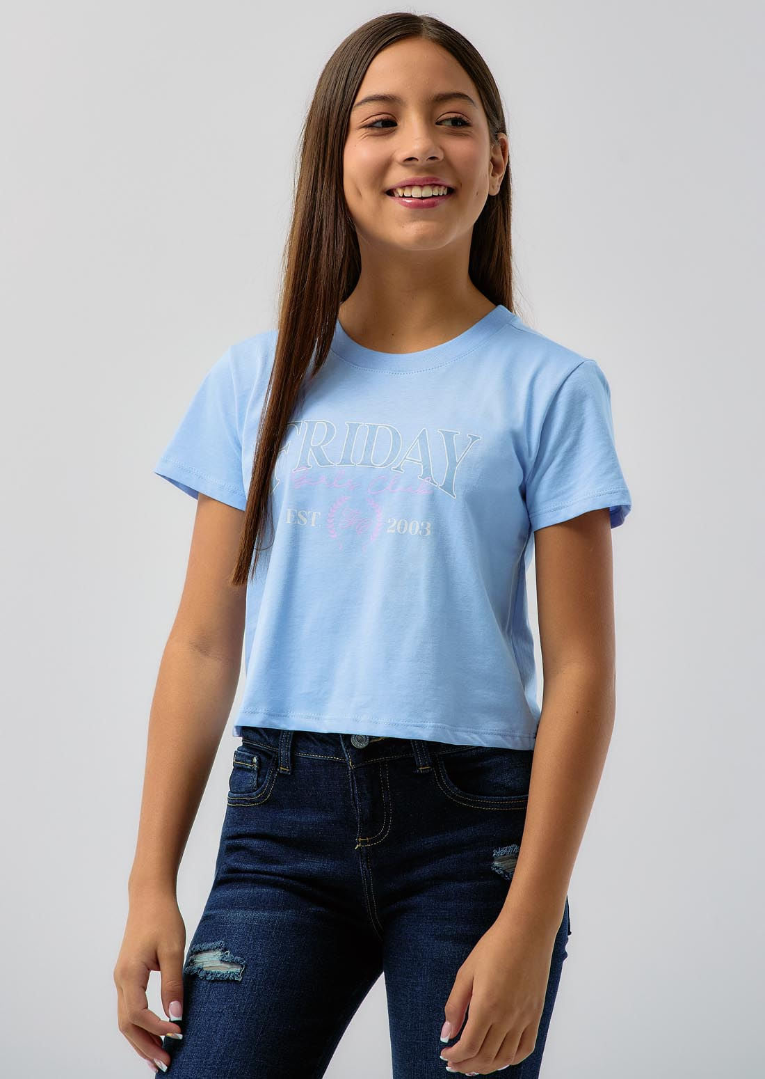 Camiseta azul claro estampada para niñas