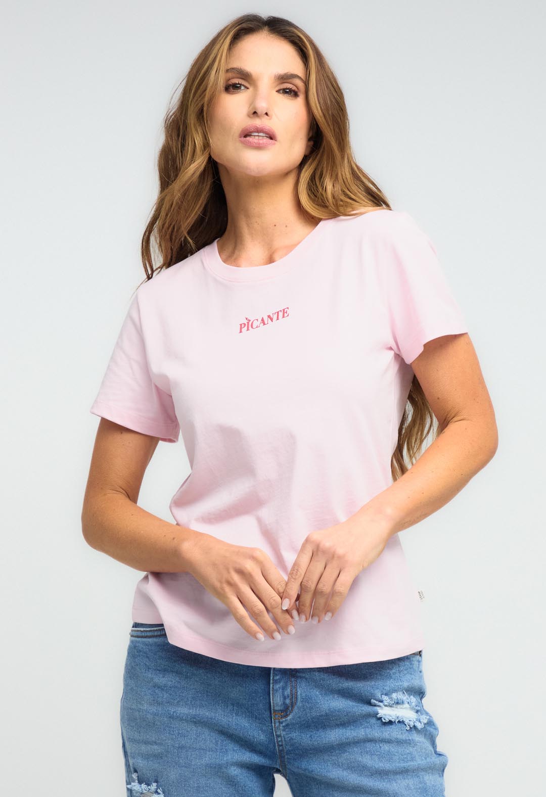 Camiseta rosa pastel con cuello redondo para mujeres