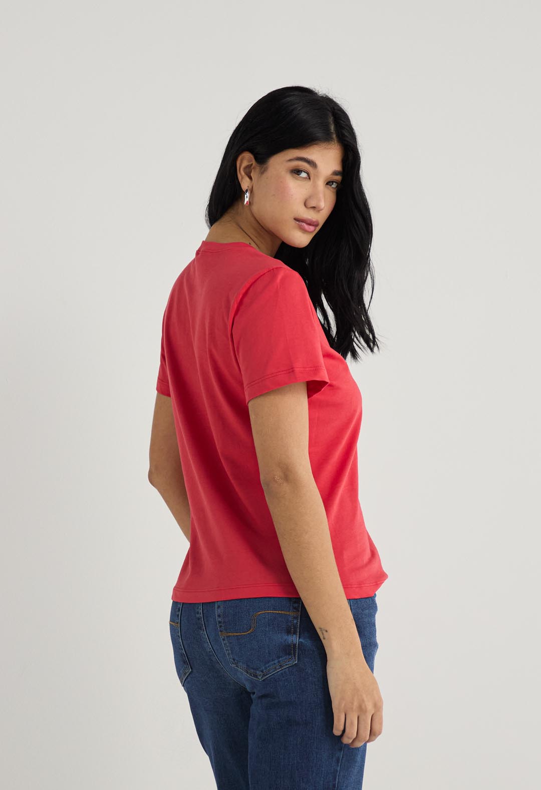 Camiseta manga corta rojo intenso y estampada para mujer