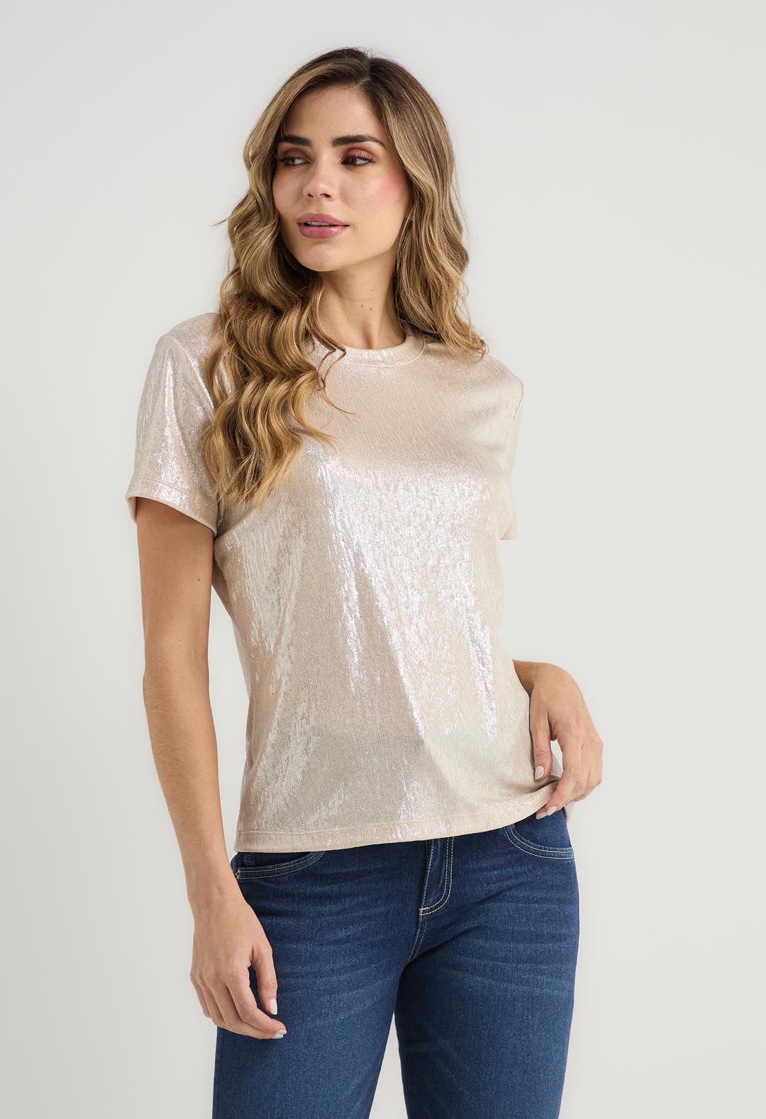 Camiseta beige con brillos para mujer