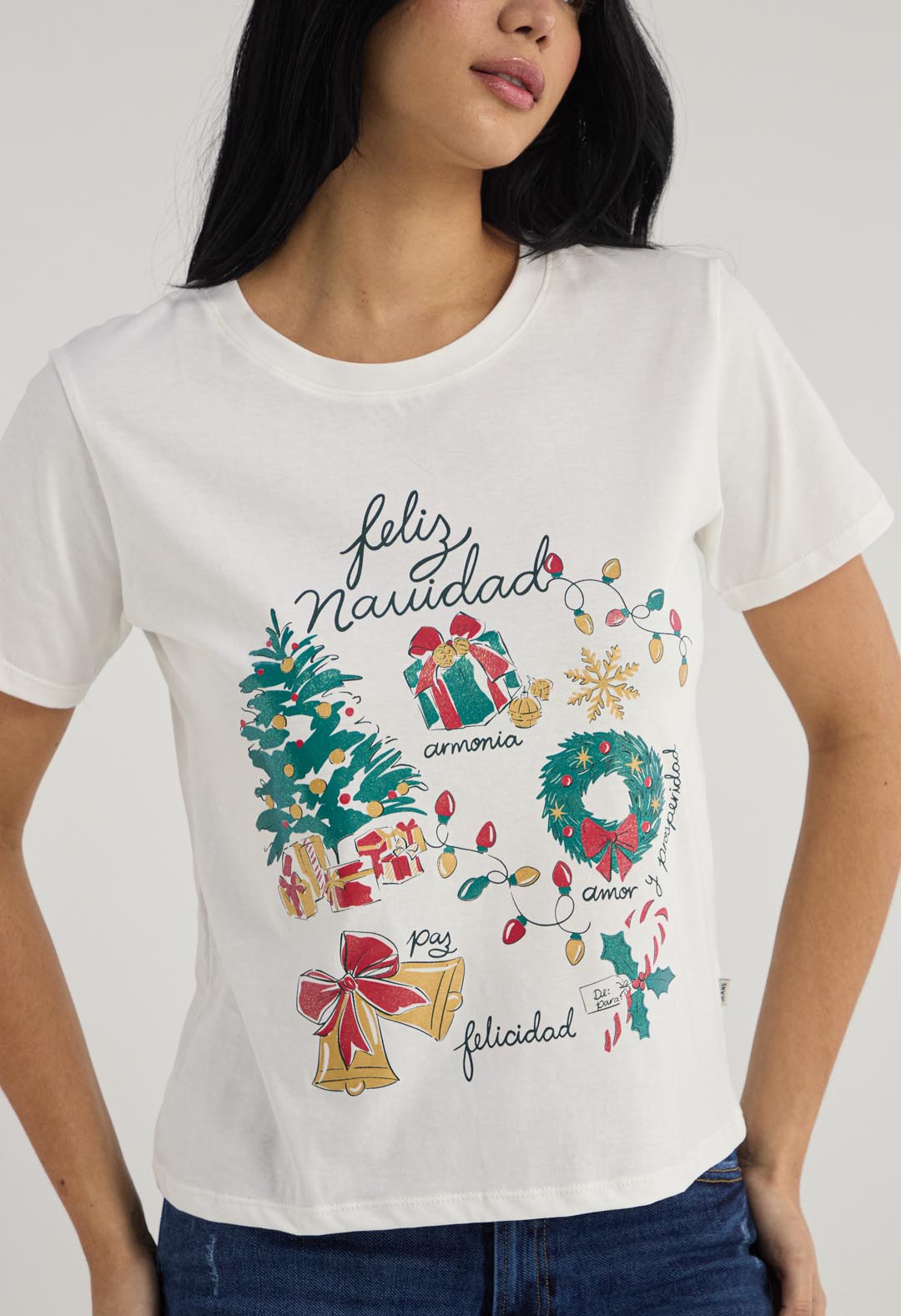 Camiseta navideña marfil estampada para mujer