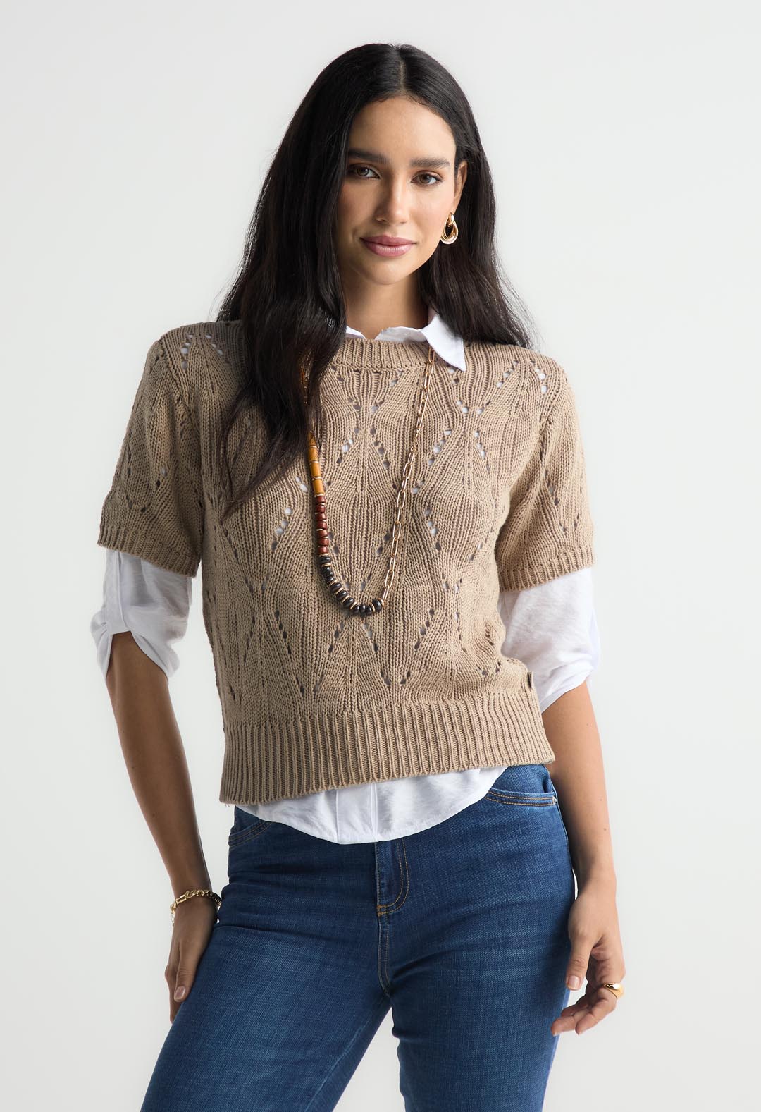 Camiseta arena tejida para mujer