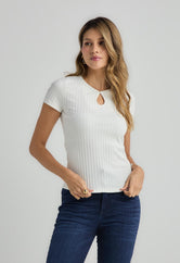 Camiseta en rib marfil con abertura para mujer