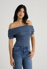 Camiseta strapless azul tela con textura para mujer