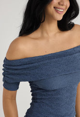 Top strapless azul tela con textura para mujer