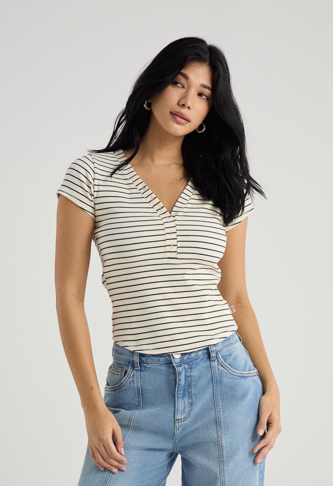 Camiseta en rib azul navy manga corta para mujer