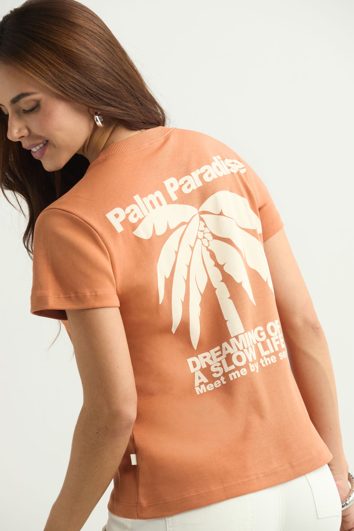 Camiseta terracota con ambas caras estampadas para mujer