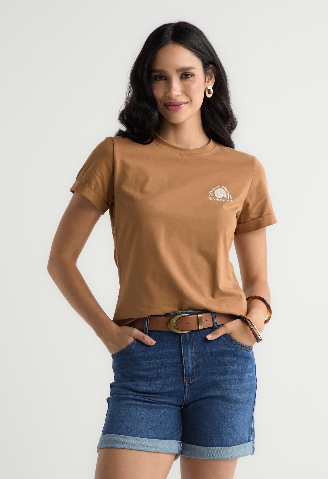 Camiseta camel con estampado para mujer