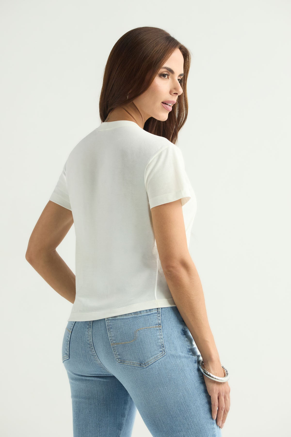 Camiseta manga corta marfil estampada para mujer