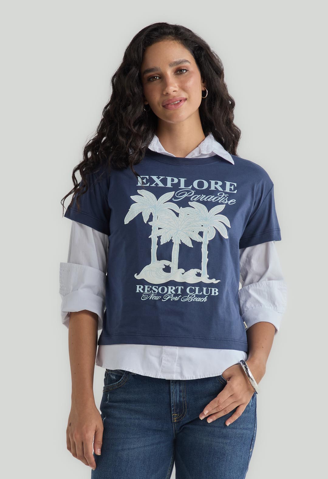 Camiseta manga corta azul navy estampada para mujer