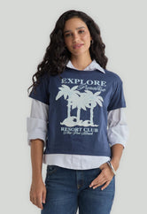 Camiseta manga corta azul navy estampada para mujer