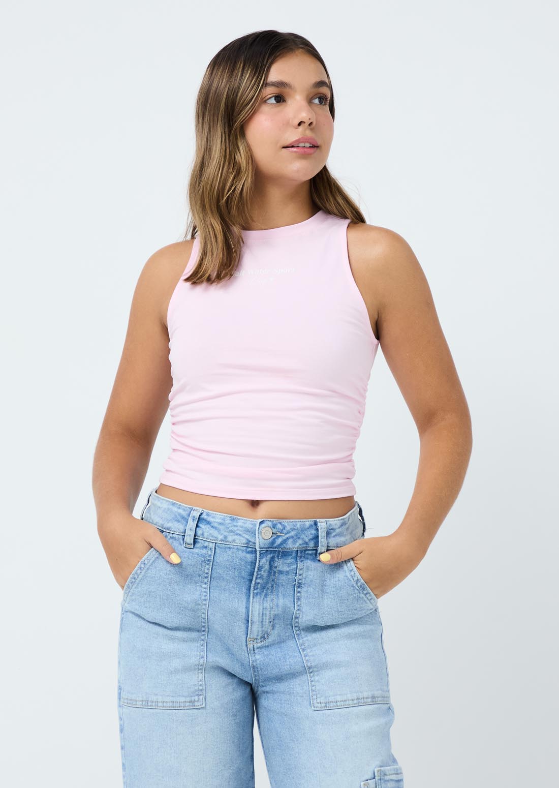 Camiseta lila claro con recogido en costados para jóvenes