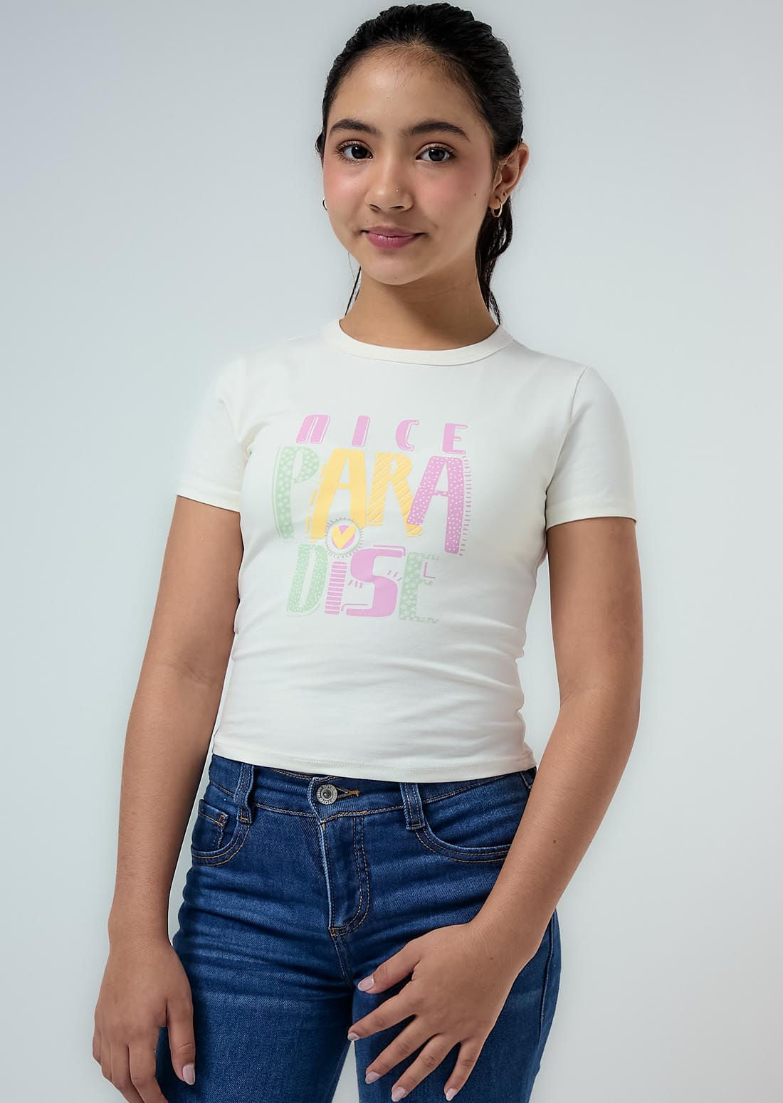 Camiseta marfil frente estampado para niñas