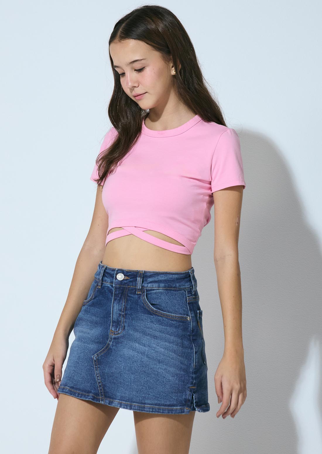 Camiseta rosa medio con tira en cintura para adolescentes