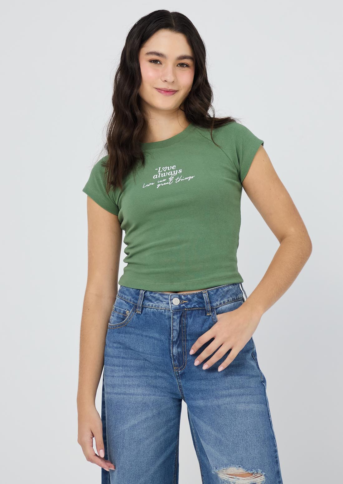 Camiseta verde botella estampada en frente para jóvenes