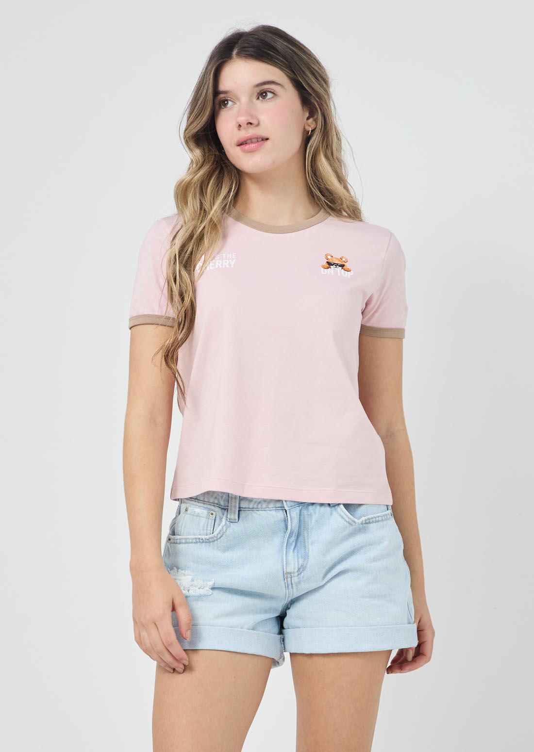 Camiseta palo de rosa con frente estampado para jóvenes
