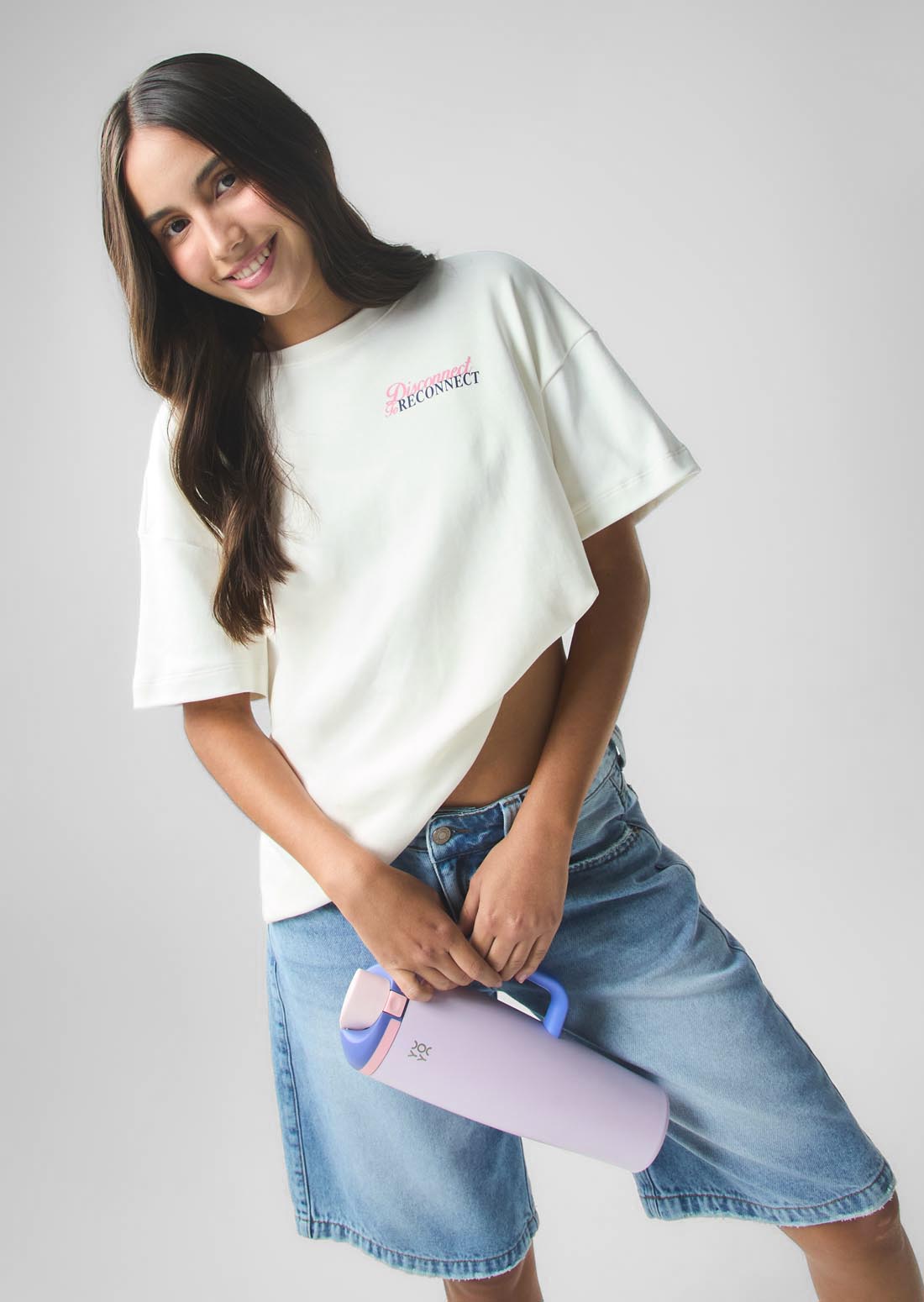 Camiseta oversize marfil estampada en ambas caras para jóvenes