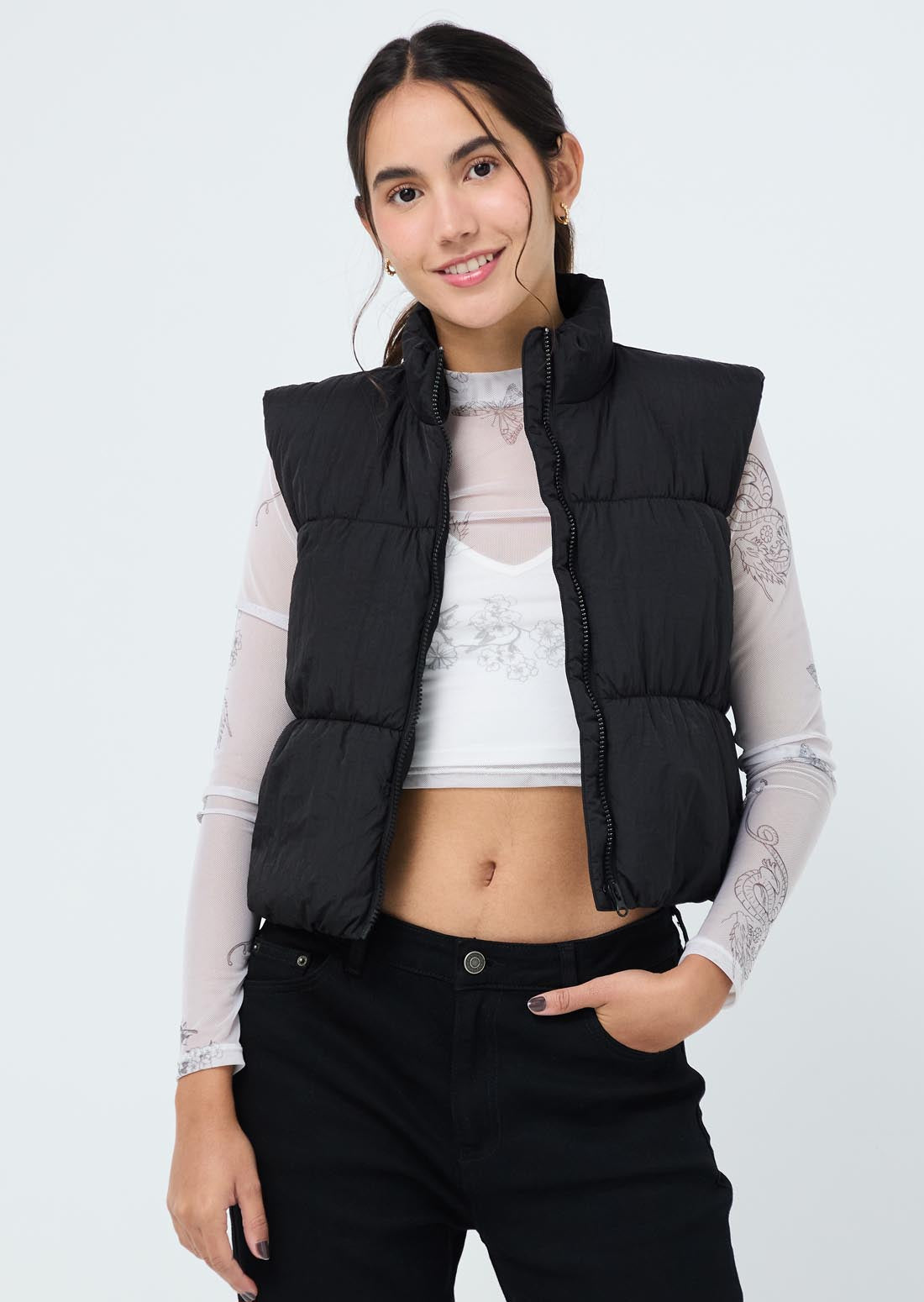 Chaleco puffer negro fondo entero para jóvenes